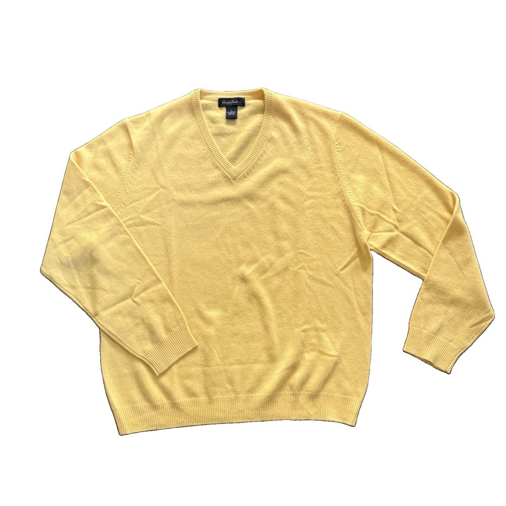 Brooks Brothers 100% Cashmere Sweater Men XL V Neck Butter Yellow 3 Ply Italian